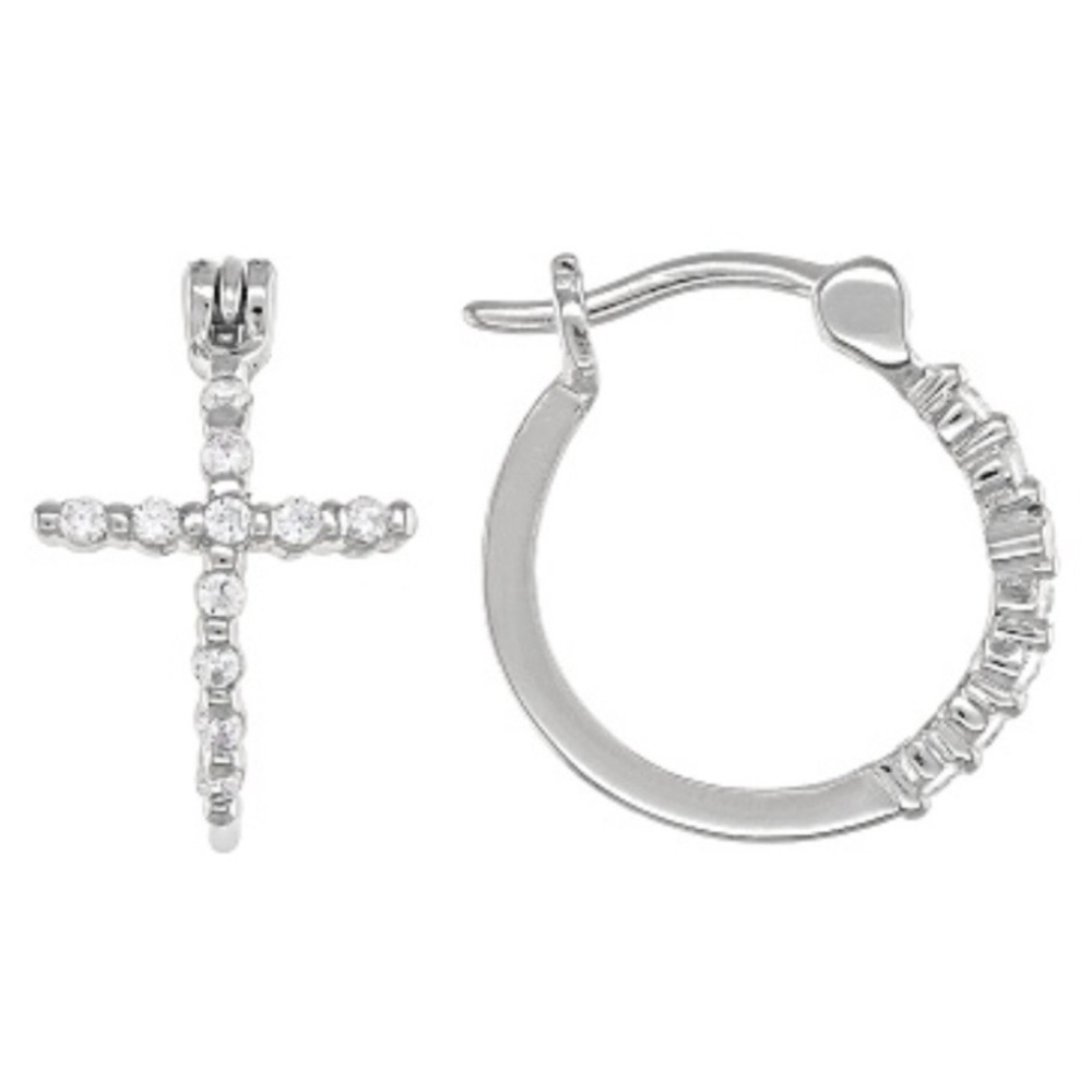 Sterling Silver 925 Pave Set Cross Inlay Huggie Hoop Earrings. NWOT.